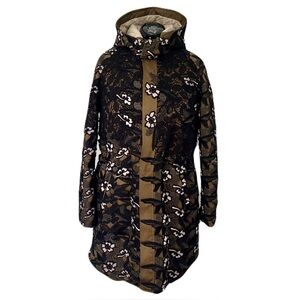 Self-Portrait Green and Black Hooded Patchwork Lace Parka, Size 4